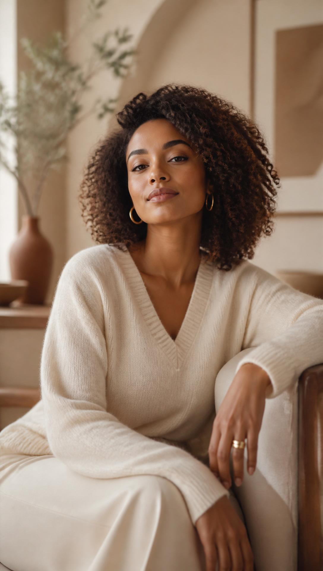 Confident woman resting in a warm, modern interior